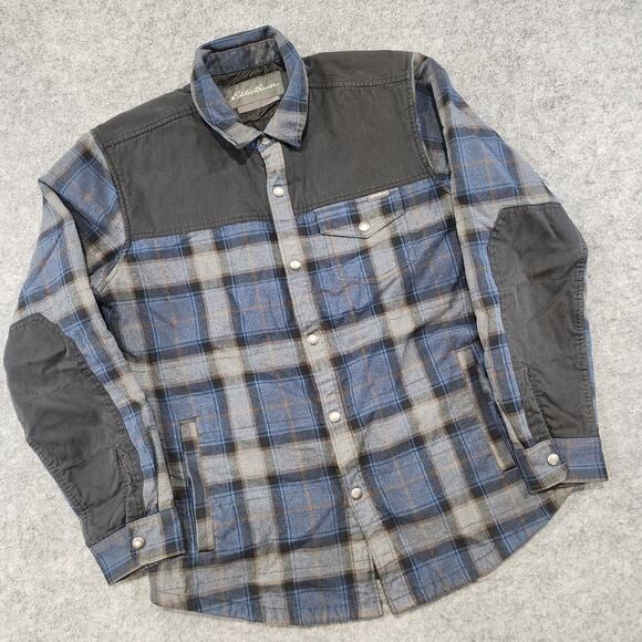 Eddie Bauer Mens L Large Cotton Plaid Flannel Snap Insulated Shacket Jacket - Picture 2 of 16